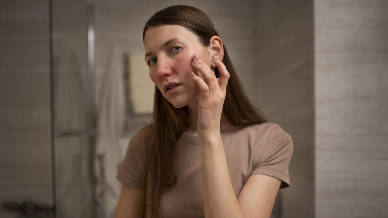 woman dealing with rosacea skin condition on face